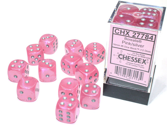 Chessex Dice: Borealis 16mm d6 Pink/silver Luminary Dice Block
