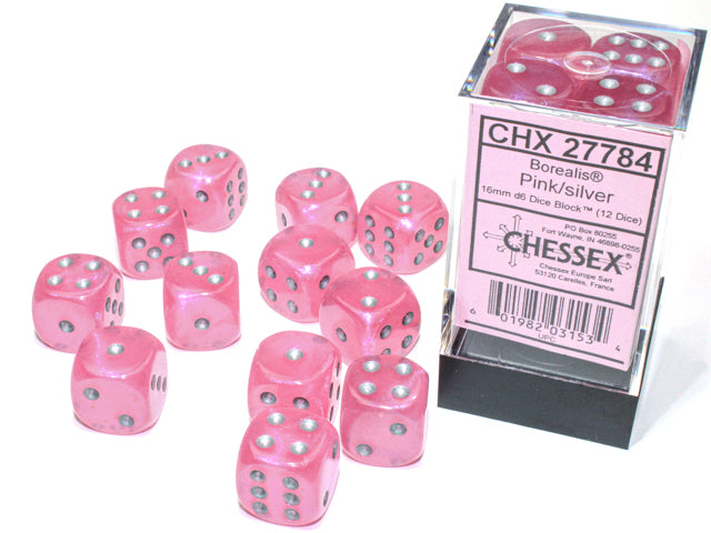 Chessex Dice: Borealis 16mm d6 Pink/silver Luminary Dice Block
