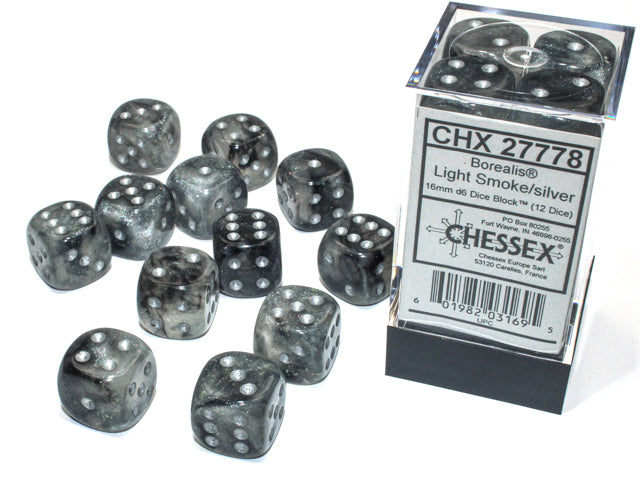 Chessex Dice: Borealis 16mm d6 Light Smoke/silver Luminary Dice Block