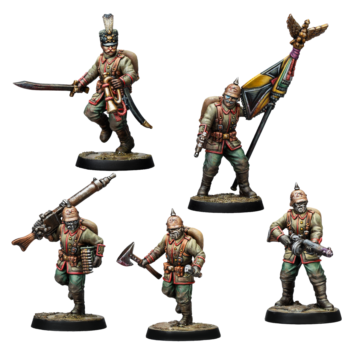 Five painted Prussian Yeomen miniatures for Trench Crusade showing weapon and command options