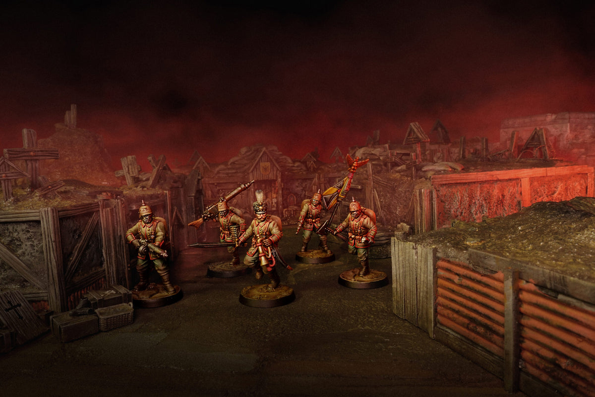 Painted Prussian Yeomen miniatures arranged in trench scenery, official Trench Crusade photograph