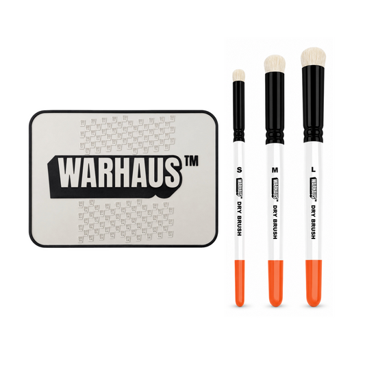 WARHAUS drybrushing essentials kit with grey/black palette, original texture palette photo and small, medium and large drybrushes