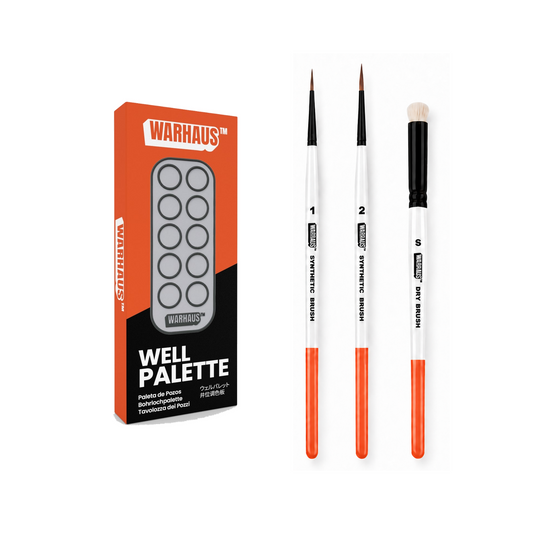 WARHAUS First Miniature Painting Tools Kit with grey/black Well Palette box, size 1 and 2 synthetic brushes and small drybrush