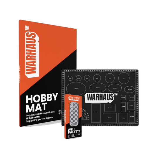 WARHAUS Painting Workstation Kit with grey/black well palette, original Hobby Mat and Well Palette boxes overlapping with A3 cutting mat